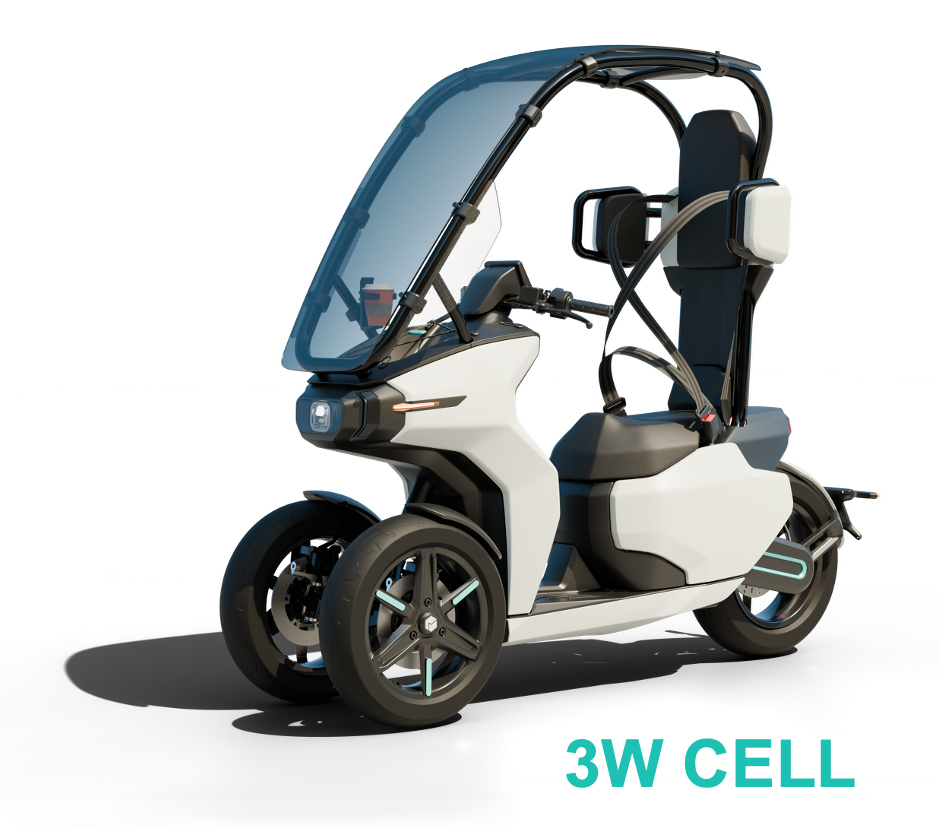 Futuristic electric vehicle on a city street, showcasing sustainable urban mobility.